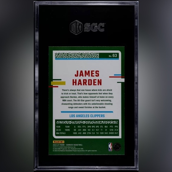James Harden 2023-24 Donruss Purple Holo Laser 69/99 POP 1 SGC 10 Gem Mint - Picture 2 of 2